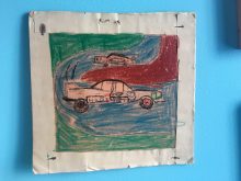 Tekening op 8 jarige leeftijd (NSU Ro80 en Porsche Carrera) wasco op papier, 20x20cm