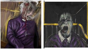 Links paneel in Zwarte Mist, rechts Francis Bacon "Pope innocent"